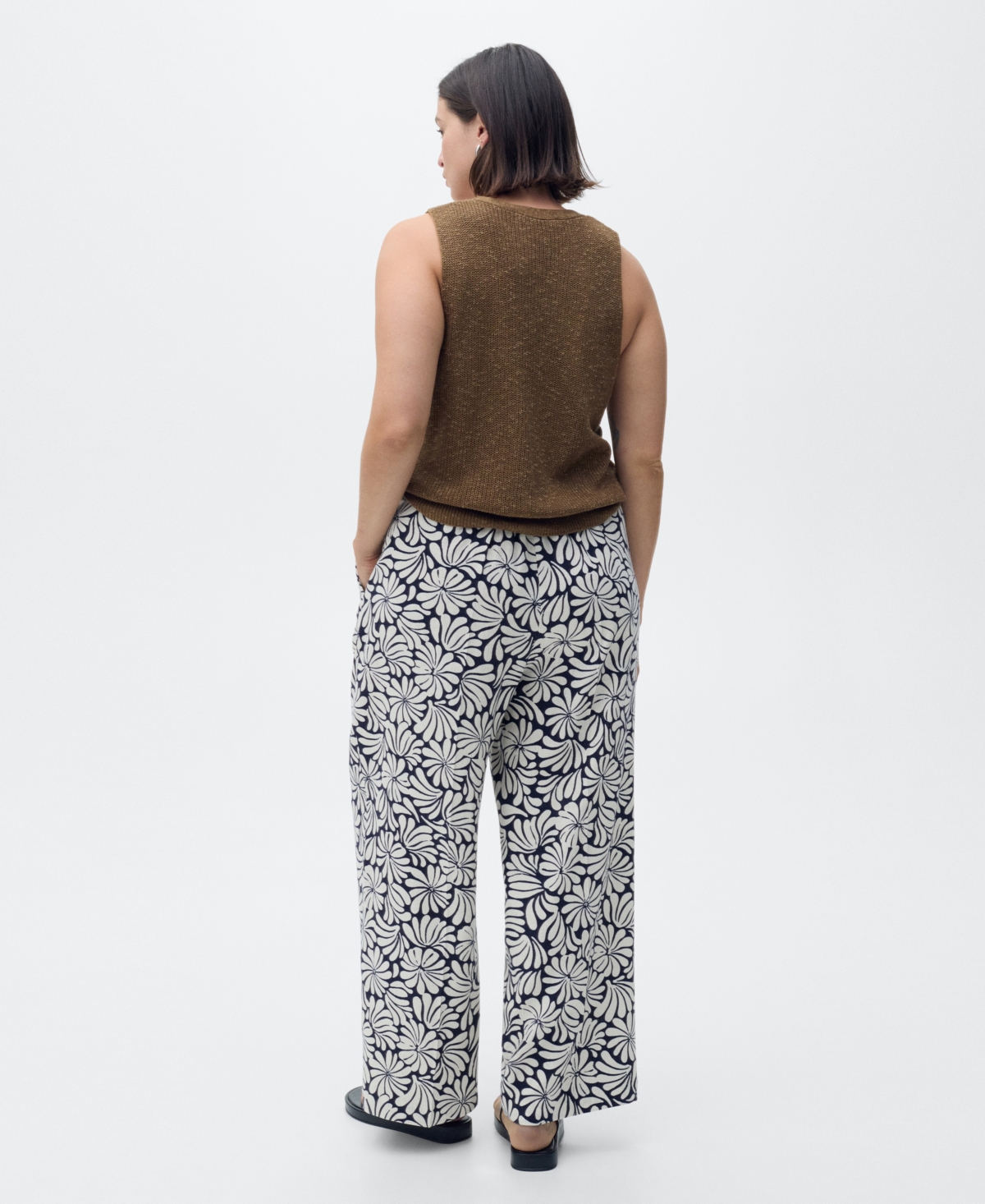 Mango Coco Print Linen Blend Wide Leg Pants In Black