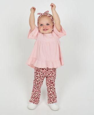 Baby Girls 3-Piece Ruffle Top, Leopard Flare Pants and Headband Set
