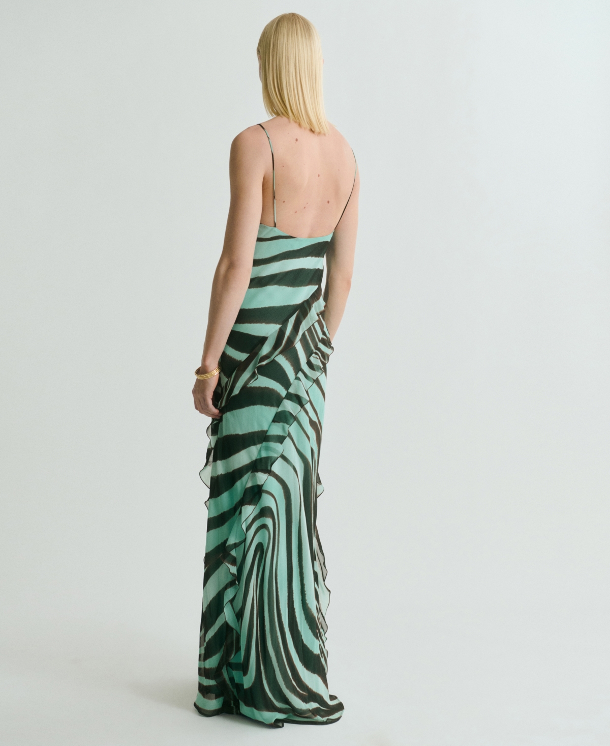 Mango Zebra Print Ruffle Dress In Green