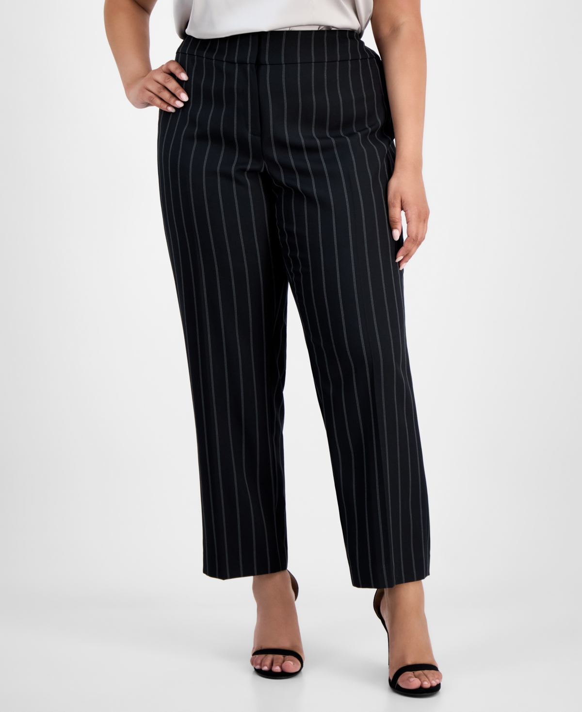 Kasper Plus Size Pinstriped Slim Pants In Black