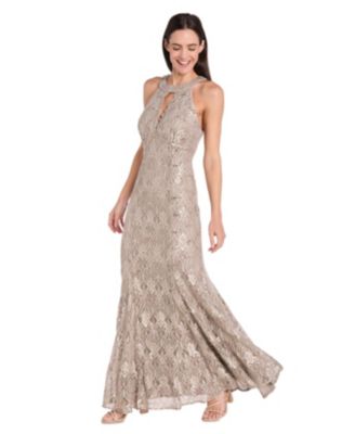Women's Sequin Lace Keyhole Halter Gown
