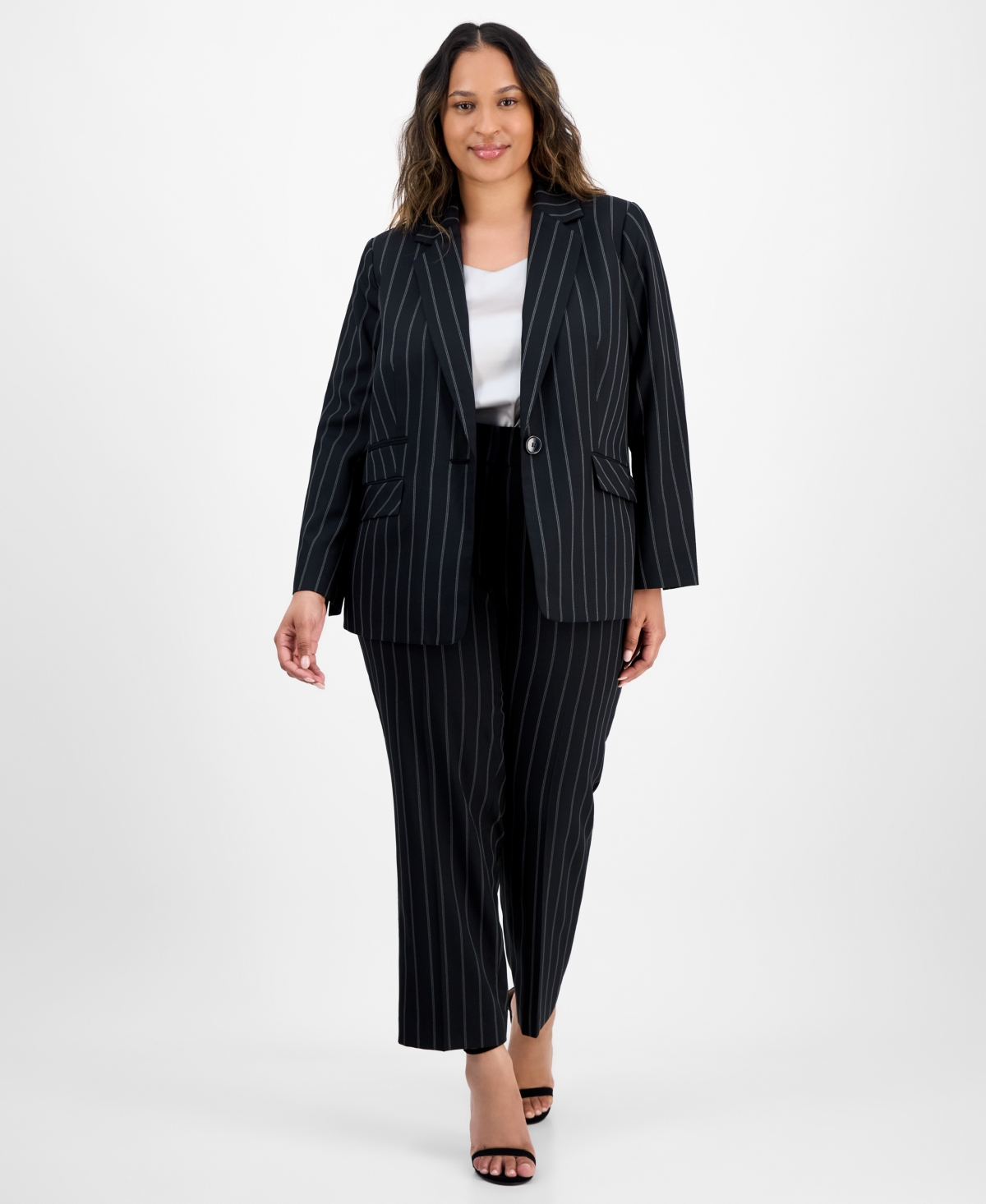 Kasper Plus Size Pinstriped Notched-lapel Blazer