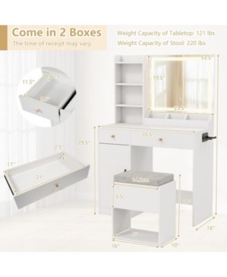 3-Color LED Mirror, Charging Station & Storage Compartments Vanity Dressing Table & Stool Set