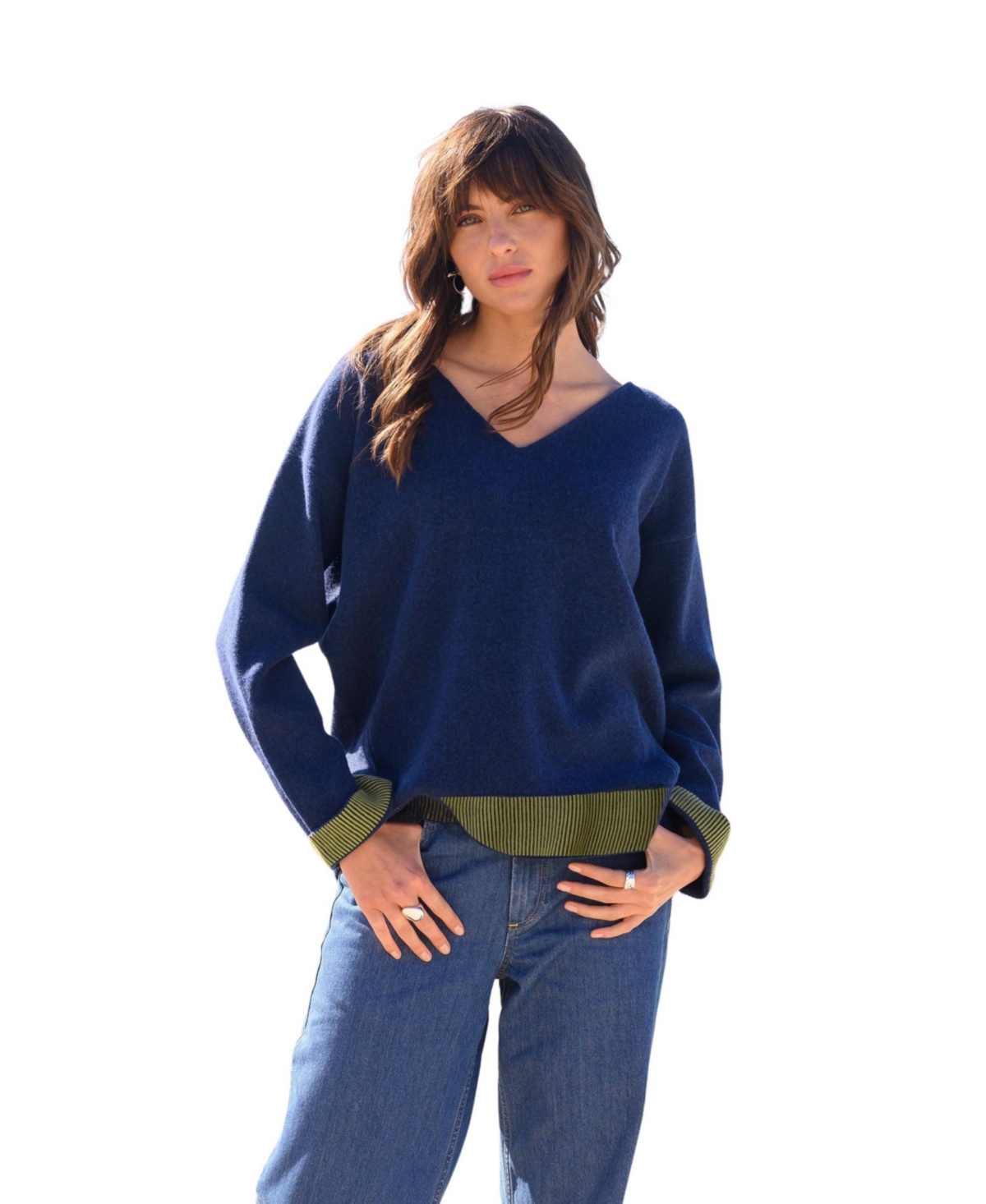 Women's Ponte V-Neck Sweater - Navy / fennel