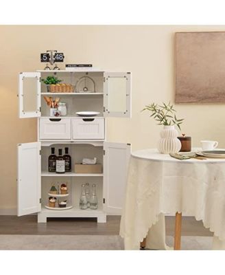 4 Door Freestanding Bathroom Floor Storage Cabinet with 2 Drawers and Glass Doors