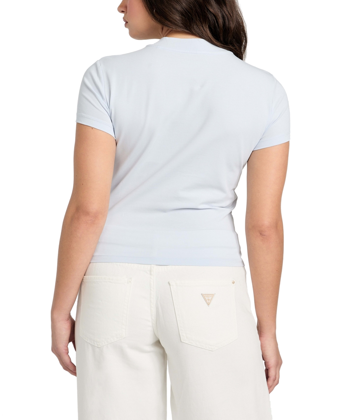 Guess Women's Rhinestone-logo Mock-neck Short-sleeve Top