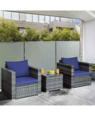 3PCS Rattan Patio Conversation Furniture Set Outdoor Yard w/ Navy Cushion