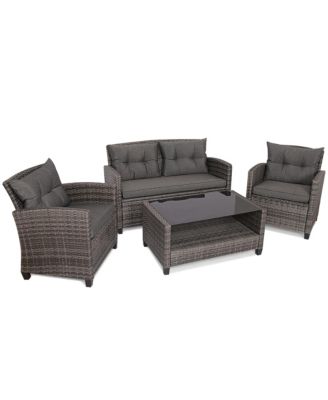 4PC Rattan Patio Conversation Set Cushioned Outdoor Furniture Set