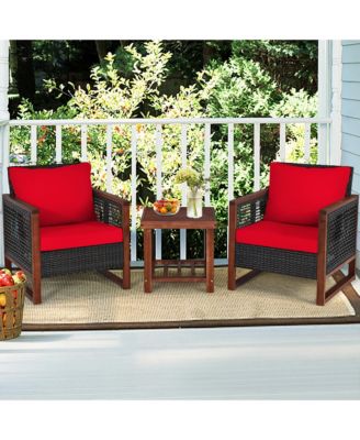 3PCS Rattan Wicker Patio Conversation Set Outdoor Furniture Set w/ Red Cushion