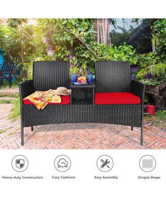 Rattan Wicker Patio Conversation Set w/ Table Red Cushion