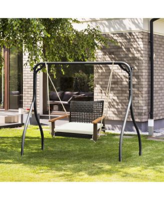 Rattan Porch Swing Patio Wicker Single Hanging Seat w/ Seat Cushion & Acacia Wood Armrests