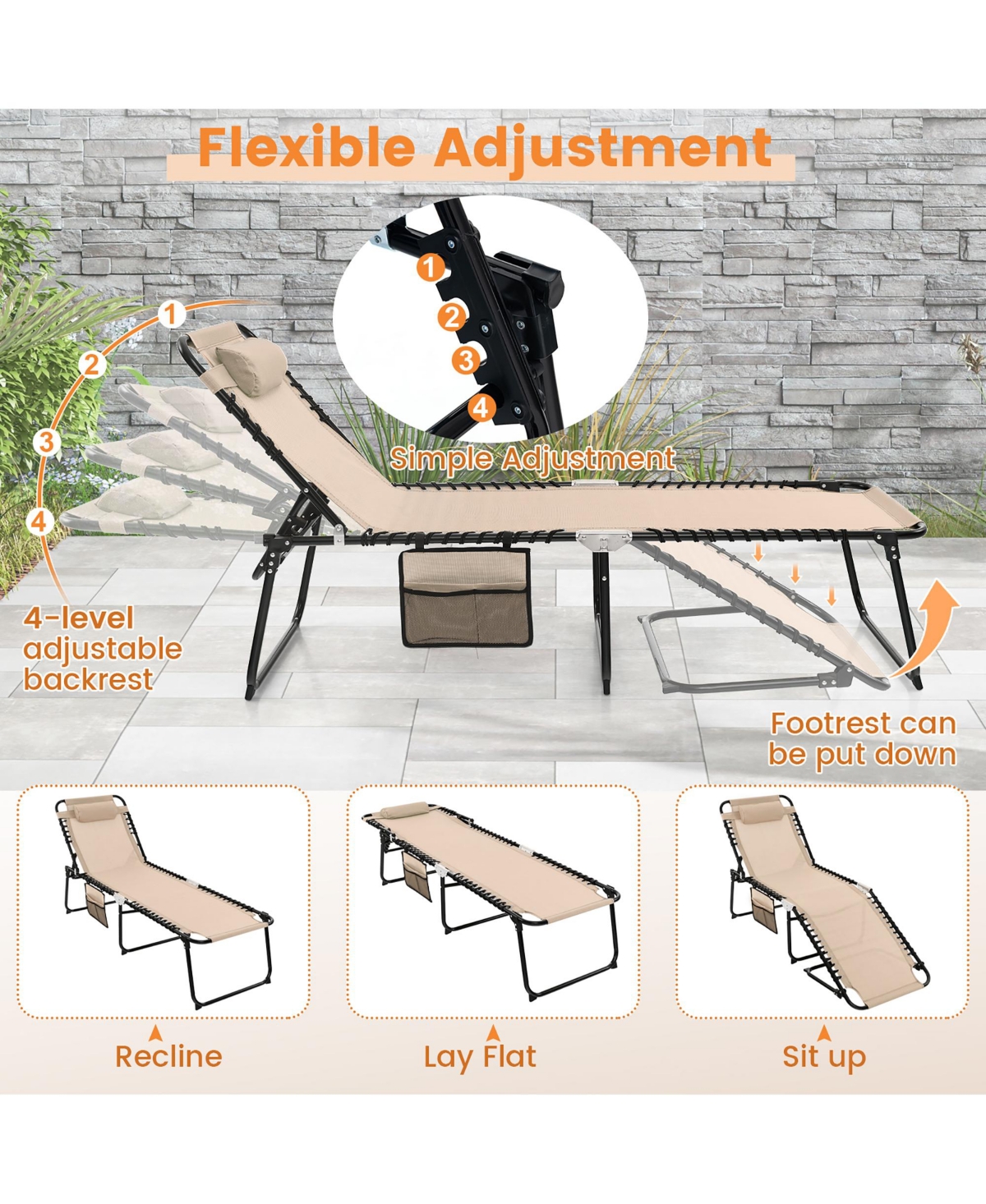 Gymax Patio Folding Chaise Lounge Portable Lay Flat Reclining Chair w/ 4-Level Backrest Side Pocket