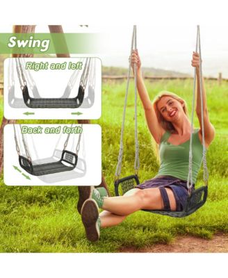 1-Person Rattan Porch Swing Single Swing Chair Bench w/ Hanging Hemp Ropes Outdoor