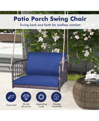 Patio Rattan Porch Swing Single Person Hanging Seat w/ Seat & Back Cushions Backyard