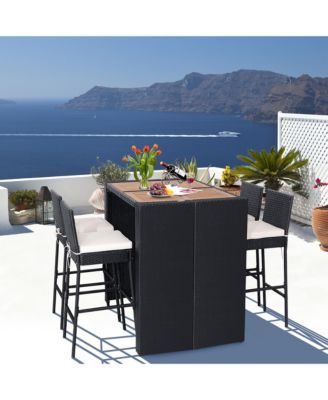 5-Piece Patio Rattan Bar Set Outdoor Wicker Set w/ Bar Height Table & 4 Bar Stools
