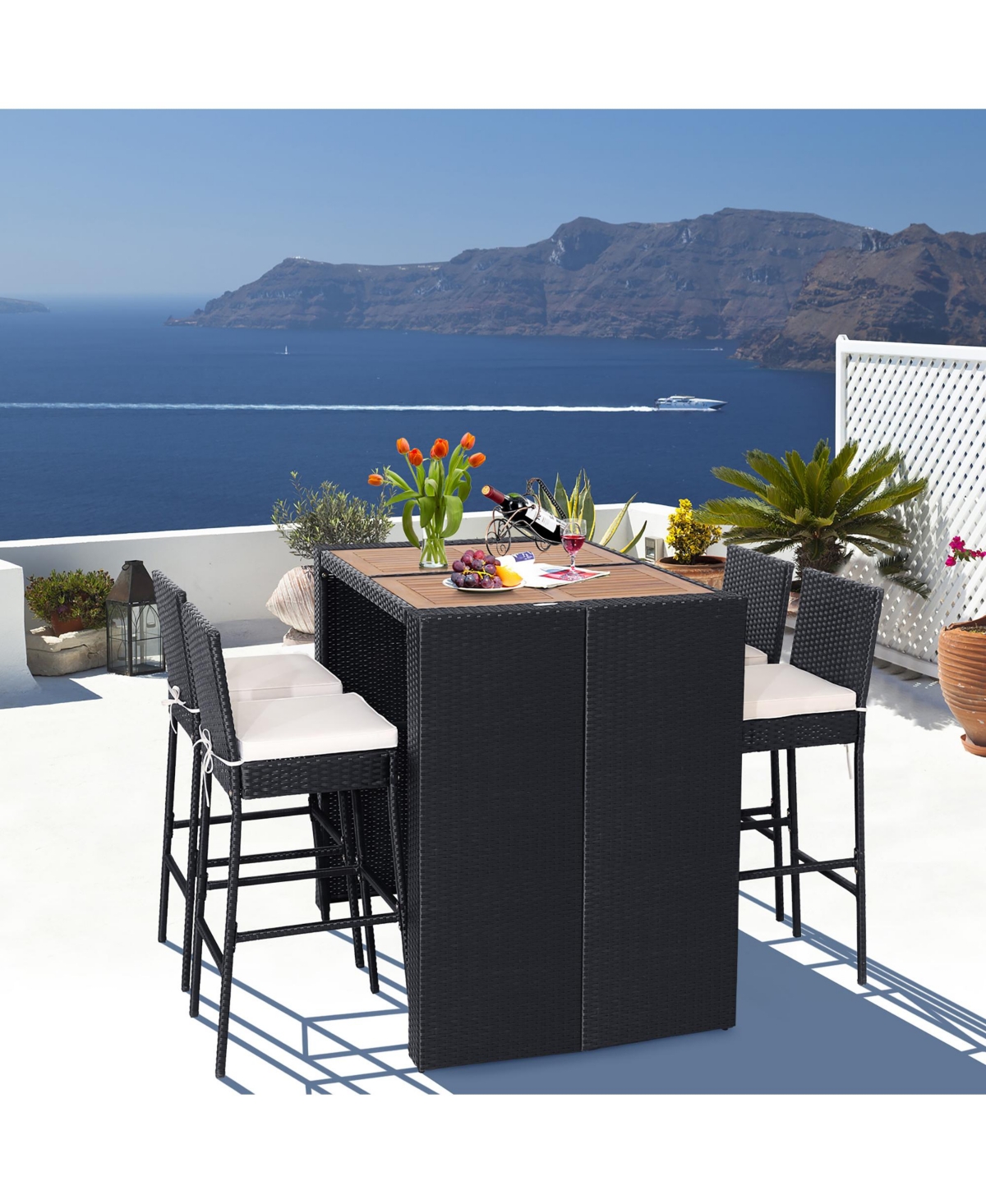 Gymax 5-Piece Patio Rattan Bar Set Outdoor Wicker Set w/ Bar Height Table & 4 Bar Stools