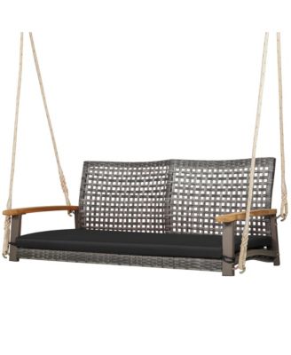 Rattan Patio Porch Swing 2-Person Cushioned Swing Chair Bench w/ Hanging Ropes