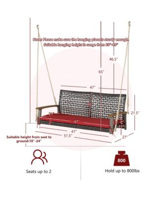 2-Seat Rattan Porch Swing Chair Outdoor Wicker Swing Bench W/ Seat Cushion Red