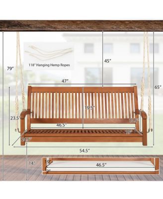 2-Seat Patio Hanging Wooden Porch Swing Bench w/ Cushion & Hanging Ropes