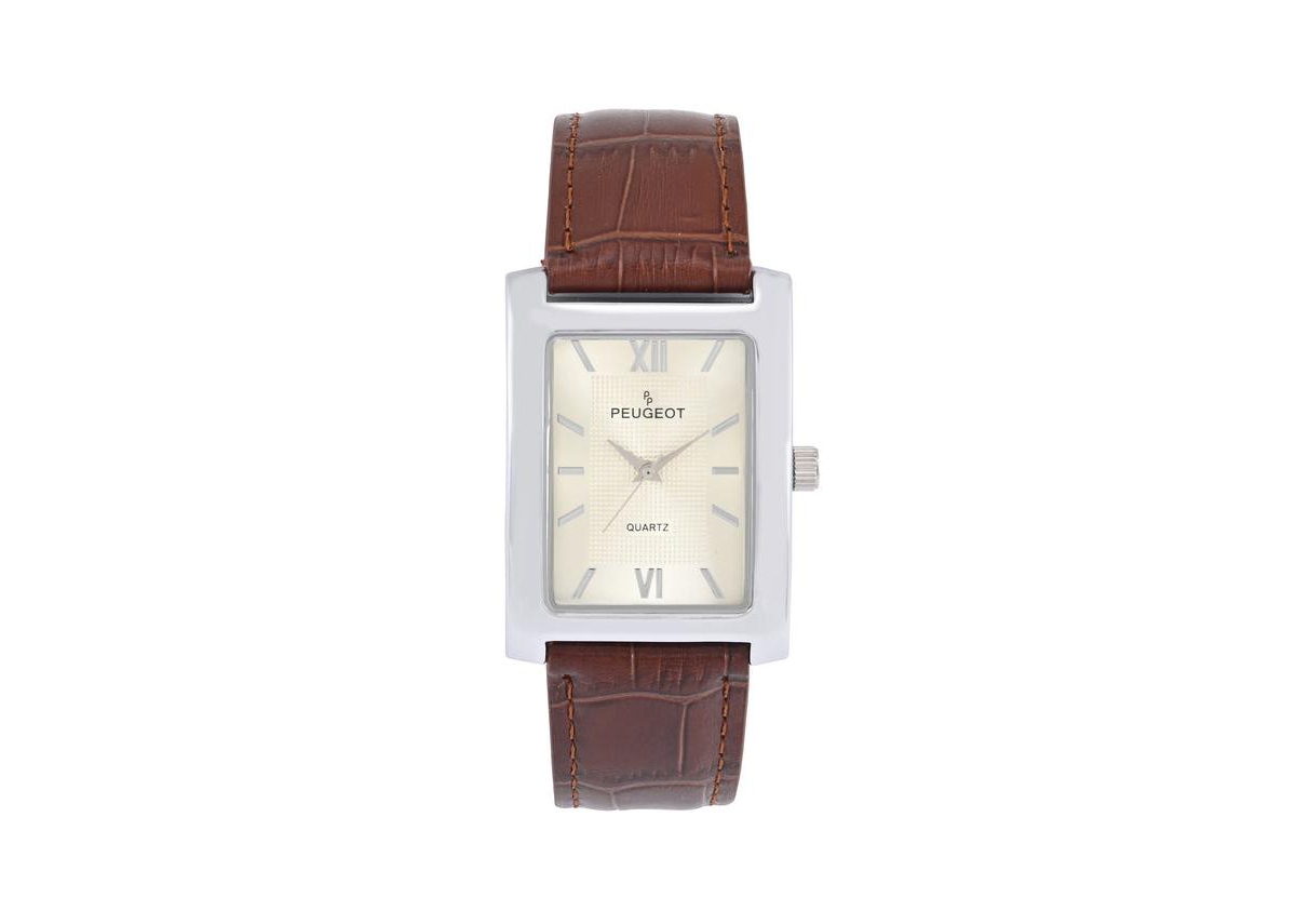 Men's 30X40mm Silver Tank Shape Watch with Textured Dial Brown Leather Strap