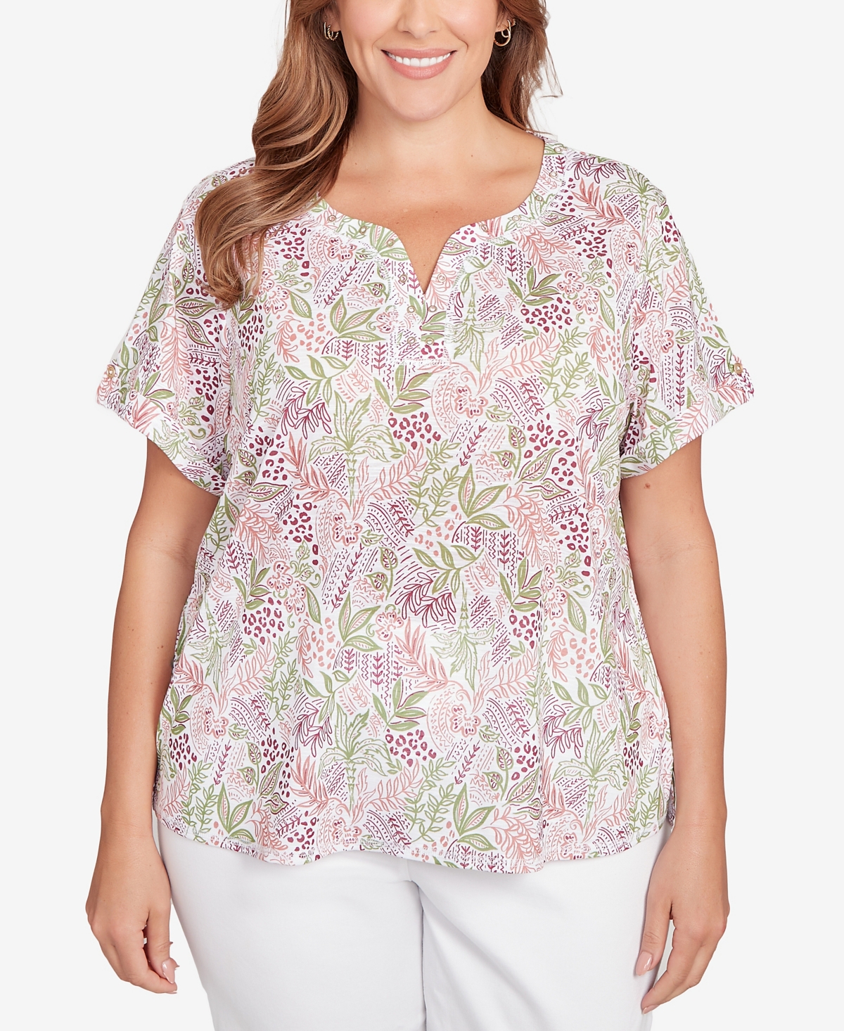 Plus Size Embellished Garden Print Slub Top - Berry Multi