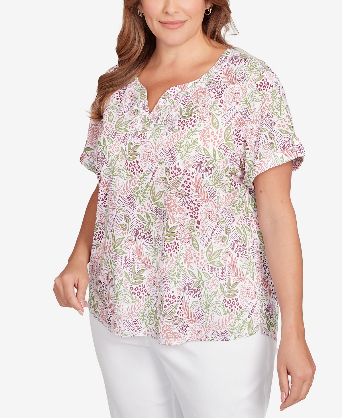 Hearts Of Palm Plus Size Embellished Garden Print Slub Top