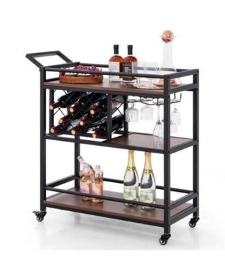 3-Tier Rolling Bar Serving Cart with Wine Rack and Glass Holder