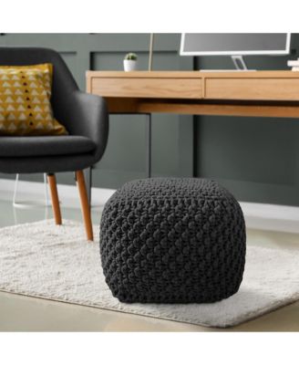 Square Pouf Ottoman, Light Gray - 18.5" W x 18.5" D x 14.5" H Cotton Knit Foot Stool - Boho Floor Pouffe for Living Room