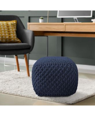 Square Pouf Ottoman, Light Gray - 18.5" W x 18.5" D x 14.5" H Cotton Knit Foot Stool - Boho Floor Pouffe for Living Room