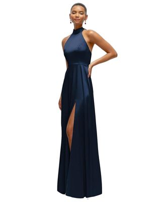 Women's Band Collar Halter Open Back Fluid Satin Maxi Dress with Self-Tie Bow