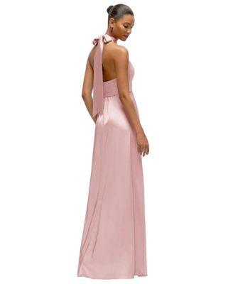 Women's Band Collar Halter Open Back Fluid Satin Maxi Dress with Self-Tie Bow