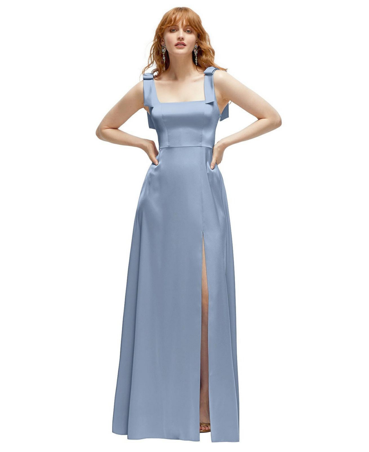 Women's Square Neck Fluid Satin Maxi Dress with Bow Straps - Cloudy