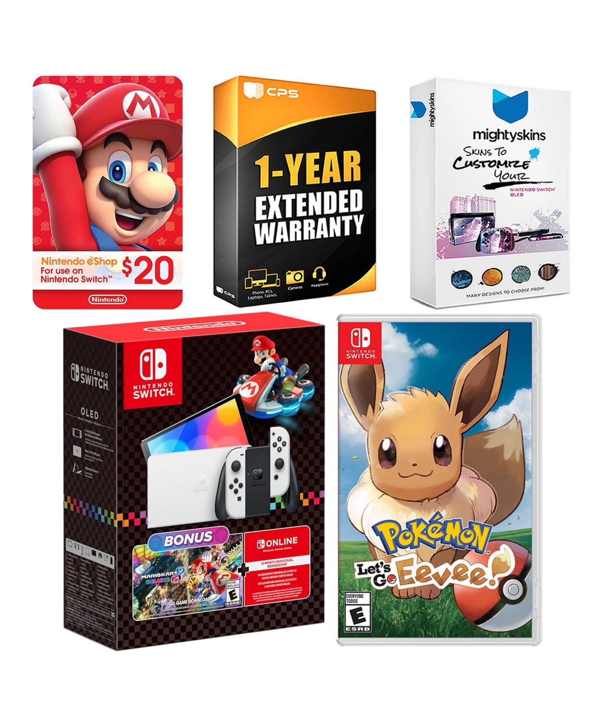 Nintendo Switch Oled Console Mario Kart 8 Bundle with Pokemon Let's Go, Eevee!, Nintendo $20 eShop Gift Card