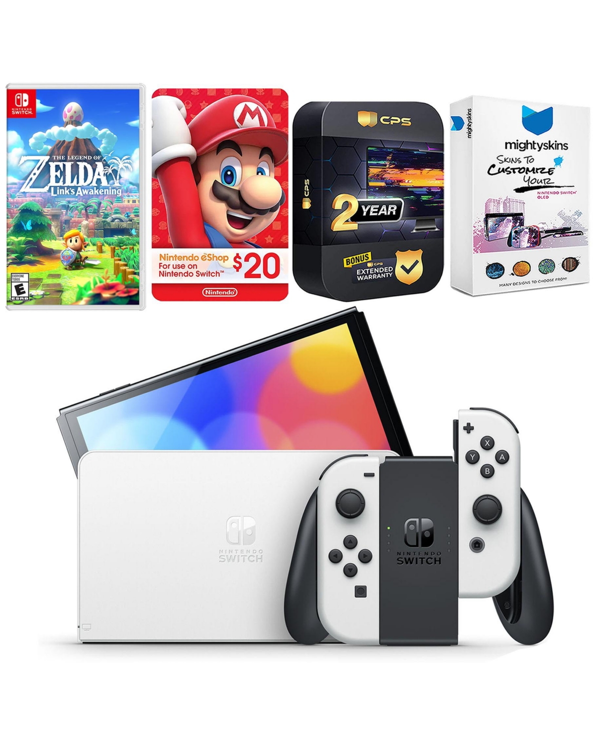 Nintendo Switch White Oled Console with The Legend Of Zelda Link's Awakening, Nintendo $20 eShop Gift Card, MightySkins Console and Controller Skin Vo