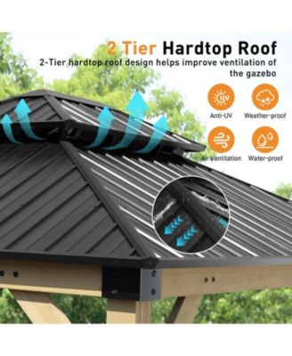 10 x 12 ft Wooden Frame Gazebo with 2-Tier Galvanized Metal Hardtop Roof, Outdoor Patio Gazebo with Charging Socket