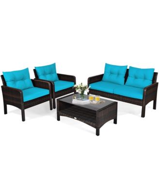 4PCS Rattan Patio Furniture Conversation Set Cushioned Outdoor Furniture Set