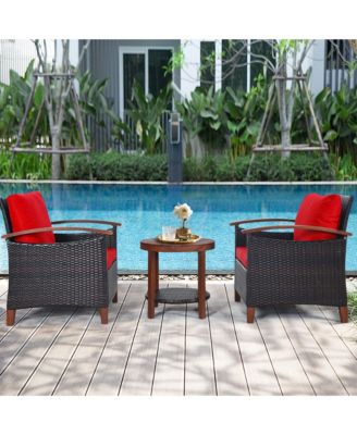 3PCS Patio Wicker Rattan Conversation Set Outdoor Furniture Set w/ Red Cushion