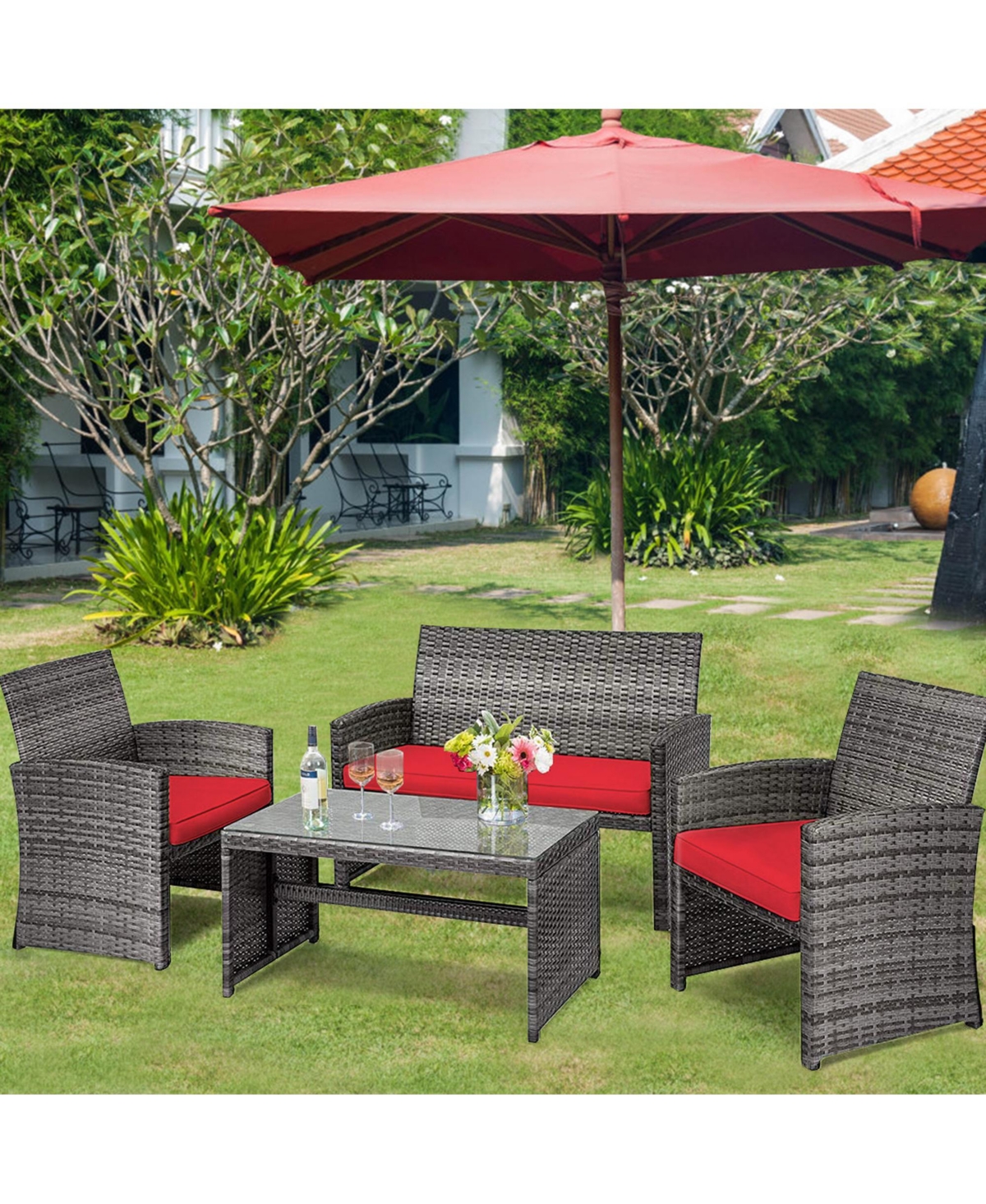 Gymax 4Pieces Patio Outdoor Rattan Conversation Furniture Set