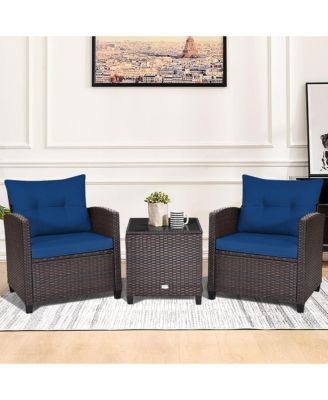 3PCS Outdoor Patio Rattan Conversation Set Garden Yard w/ Navy Cushions