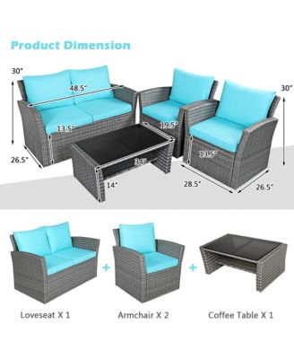 4PCS Patio Rattan Conversation Set Outdoor Furniture Set w/ Turquoise Cushions