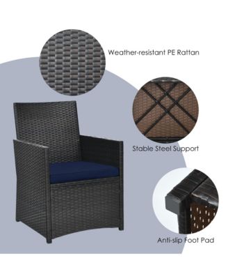 3PCS Patio Wicker Bistro Set PE Rattan Dining Table Set w/ Navy Cushions