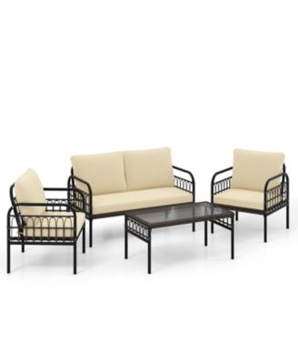 4 Piece Patio Wicker Conversation Bistro Set Furniture Set w/ Cushions