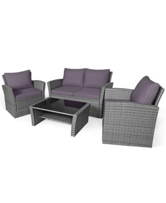4PCS Patio Rattan Conversation Set Outdoor Furniture Set w/ Grey Cushions