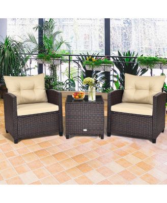 3PCS Patio Outdoor Rattan Conversation Set w/ Coffee Table Cushion