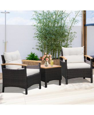 3 Piece Patio Bistro Set PE Rattan Conversation Furniture Set  w/ Acacia Wood Tabletop