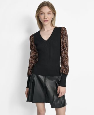 DKNY - Women's V-Neck Rib-Knit Satin-Long-Sleeve