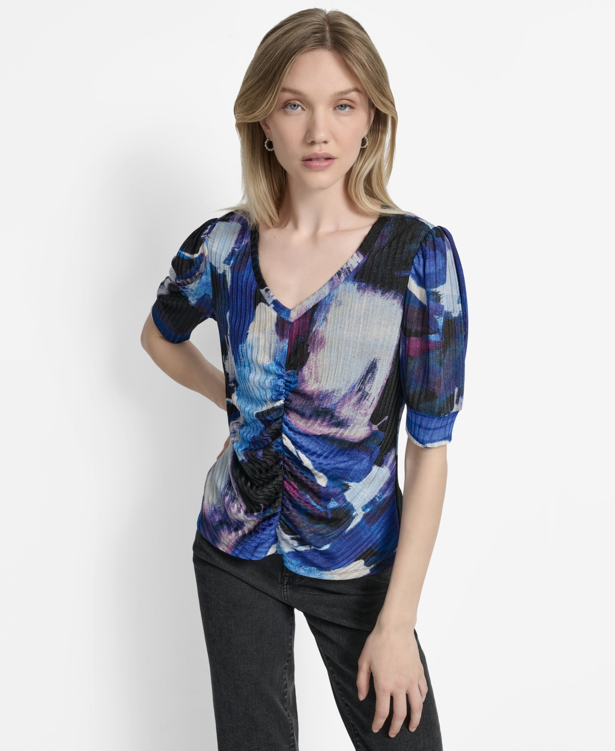 Dkny Women's Printed Puff-sleeve Ruched Top