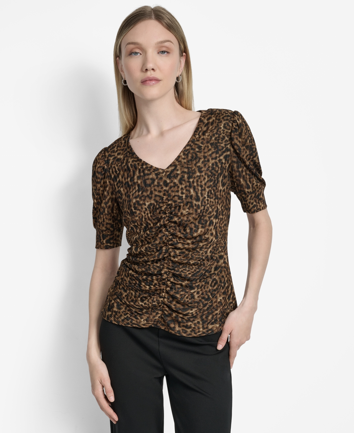 Women's Printed Puff-Sleeve Ruched Top - Compact Cheetah