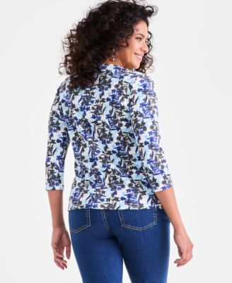 Women's Printed 3/4-Sleeve Henley Knit Top, Exclusively at Macy's