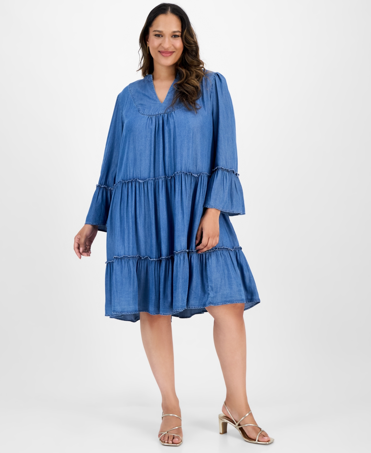 Plus Size Tiered Denim Shift Dress - Denim